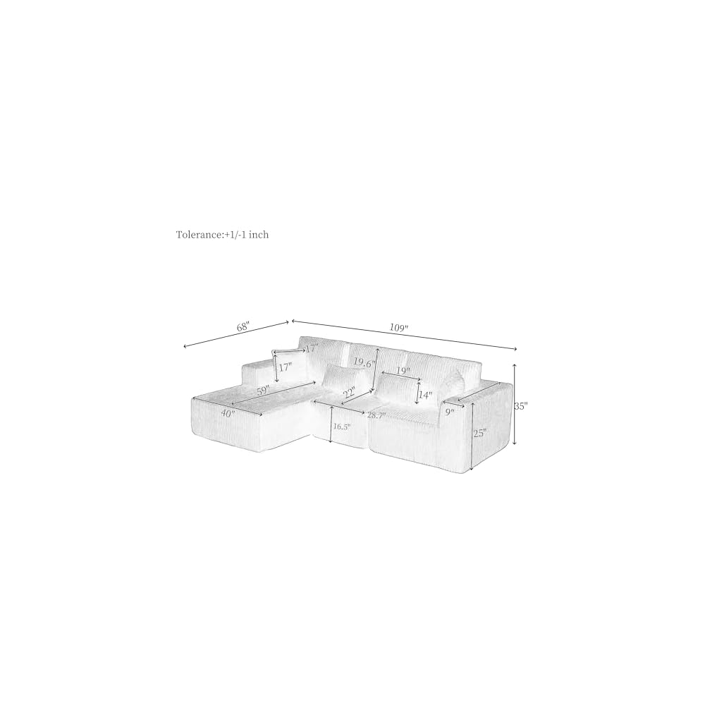 109" L-Shaped Modular Corner Sectional Sofa Corduroy Boneless Cloud Couches with Deep Seat, Modular Compressed Boneless Sofa W/Chaise Lounger for Living Room, No Assembly