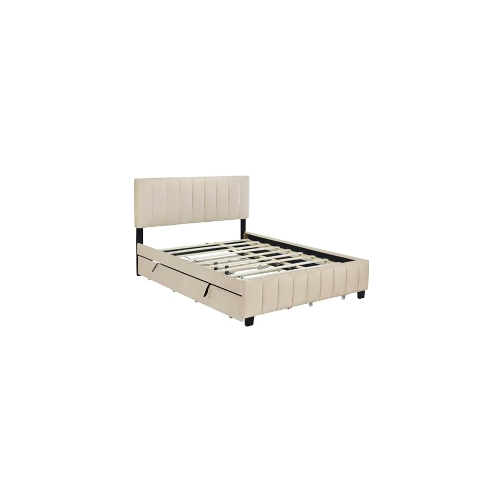 Bellemave Queen Bed Frame with Trundle Bed,Velvet Upholstered Platform Bed Frame with Storage Drawers,Queen Size Trundle Bed with Headboard for Kids Teens Adults,Beige