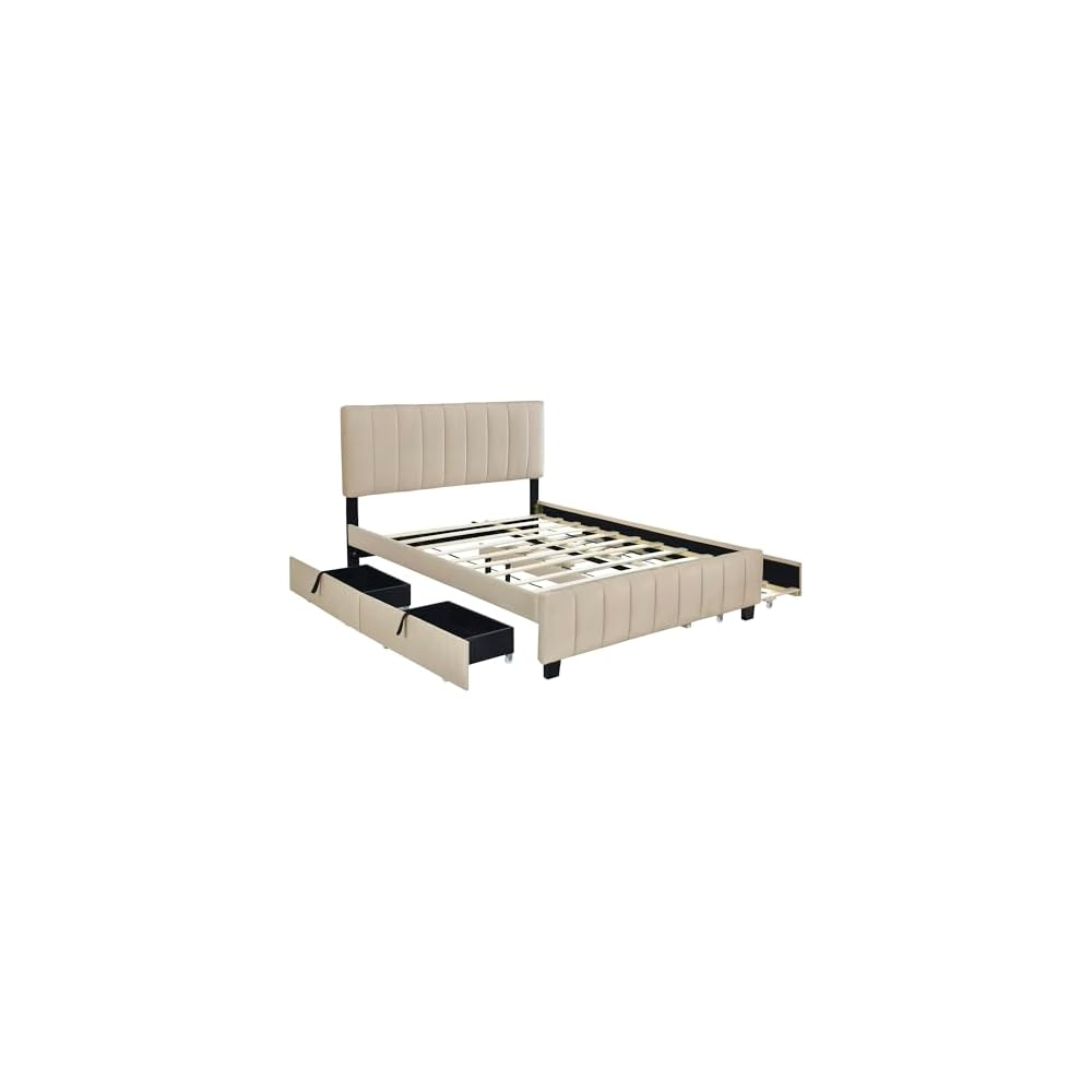 Bellemave Queen Bed Frame with Trundle Bed,Velvet Upholstered Platform Bed Frame with Storage Drawers,Queen Size Trundle Bed with Headboard for Kids Teens Adults,Beige