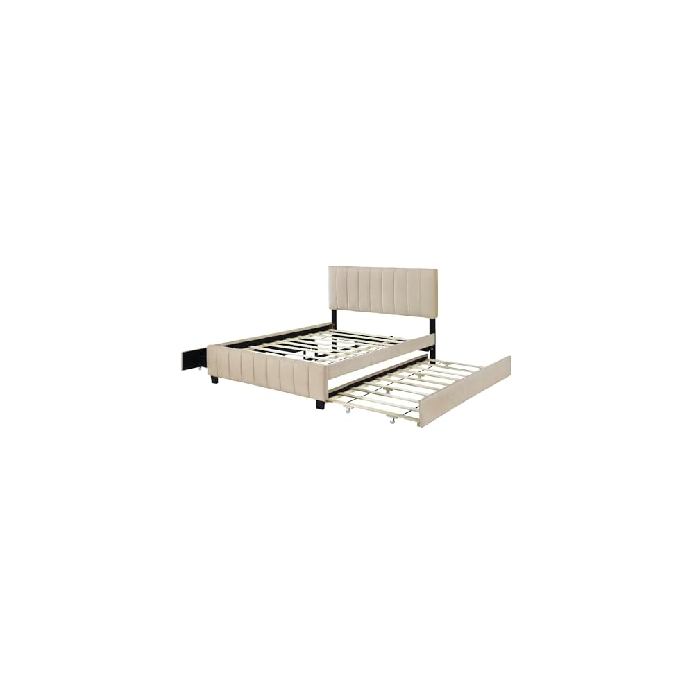 Bellemave Queen Bed Frame with Trundle Bed,Velvet Upholstered Platform Bed Frame with Storage Drawers,Queen Size Trundle Bed with Headboard for Kids Teens Adults,Beige