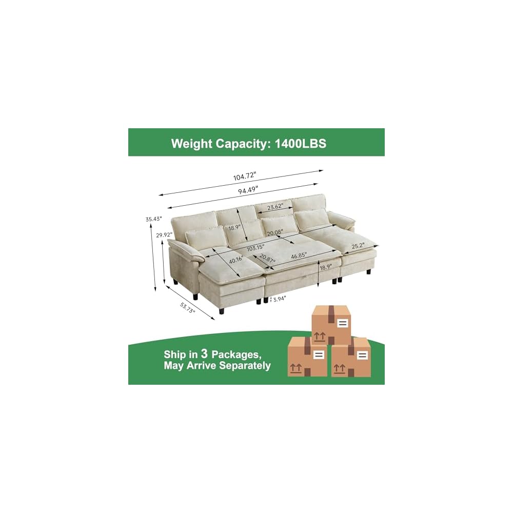 104" Cloud Couch Sectional, U Shaped Sectional Sofa, 4-Seat Deep Seat Couch with 4 Pillows for Living Room, Bedroom, Apartment, Beige | Comfy Chenille