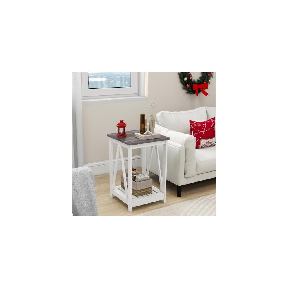 2-Piece Farmhouse Coffee Table and End Table Set, Oak Grey, Slats Storage