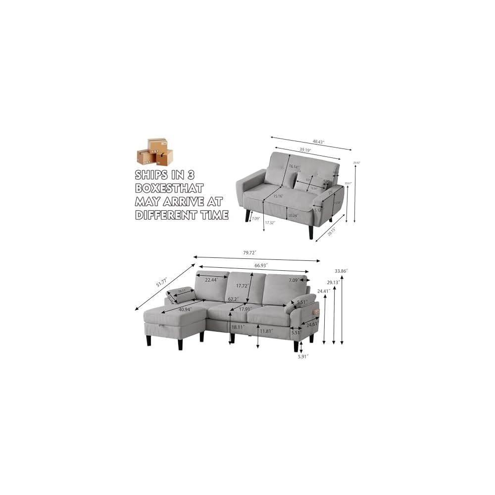 3 PCS Sectional Sofa Set, 3 Seat L-Shaped Couch & Loveseat with Storage Ottoman, Removable Cushions and Covers, Modern Couches for Living Room Furniture, Corduroy Light Grey