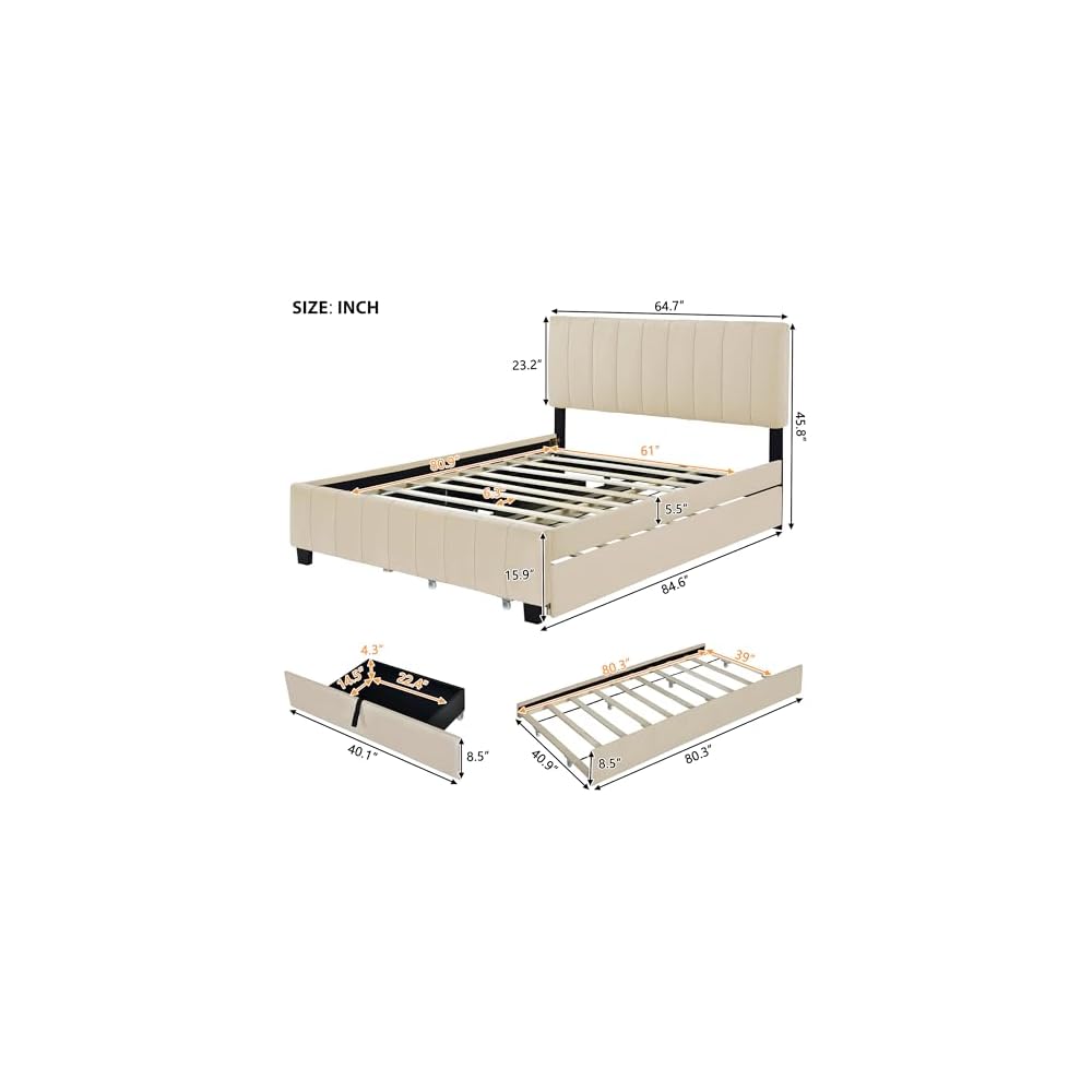 Bellemave Queen Bed Frame with Trundle Bed,Velvet Upholstered Platform Bed Frame with Storage Drawers,Queen Size Trundle Bed with Headboard for Kids Teens Adults,Beige