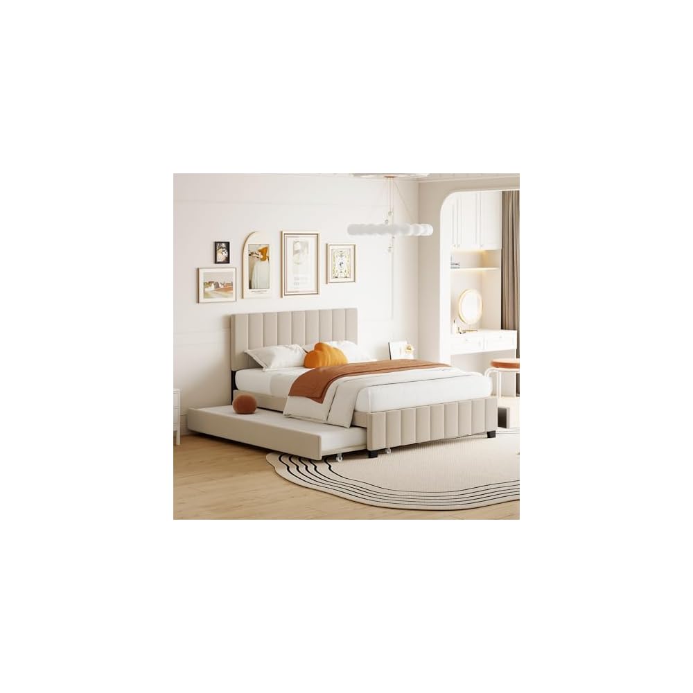 Bellemave Queen Bed Frame with Trundle Bed,Velvet Upholstered Platform Bed Frame with Storage Drawers,Queen Size Trundle Bed with Headboard for Kids Teens Adults,Beige