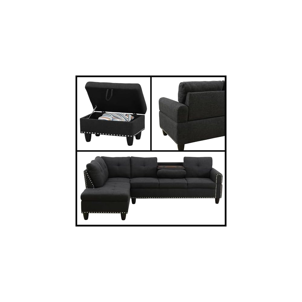 L-Shaped Sectional Sofa with Movable Chaise & Storage Ottoman, Lounge 3-Piece Modular Convertible Couches for Living Room, Apartment & Office, Black Grey