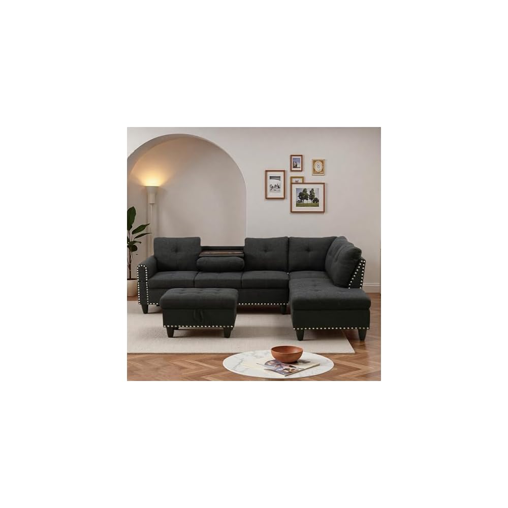 L-Shaped Sectional Sofa with Movable Chaise & Storage Ottoman, Lounge 3-Piece Modular Convertible Couches for Living Room, Apartment & Office, Black Grey