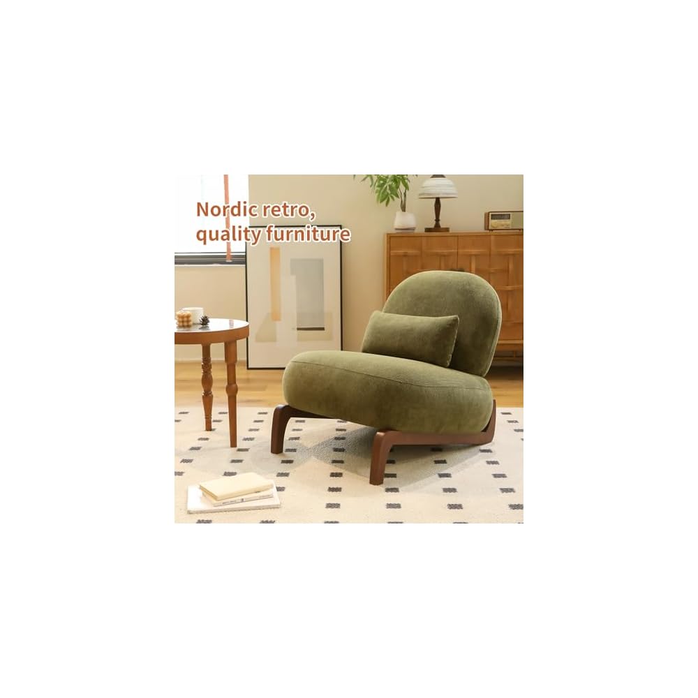 Cute Accent Chair with Solid Wood Legs, Velvet Living Room Chair with Soft Cushion, Cozy Bedroom Chair, Comfy Armless Reading Chair for Apartment, Waiting Room, Balcony (Green)