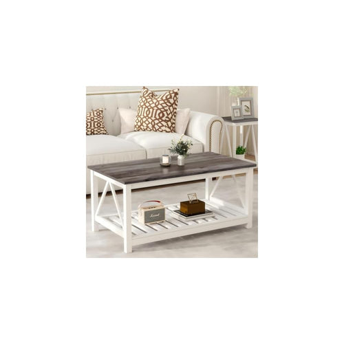 2-Piece Farmhouse Coffee Table and End Table Set, Oak Grey, Slats Storage