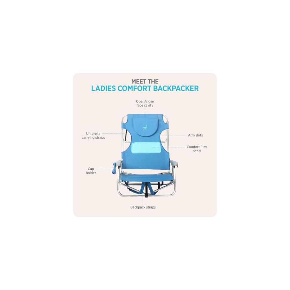 Ostrich The Ladies Comfort Backpacker, Outdoor Reclining Beach Chair, Blue