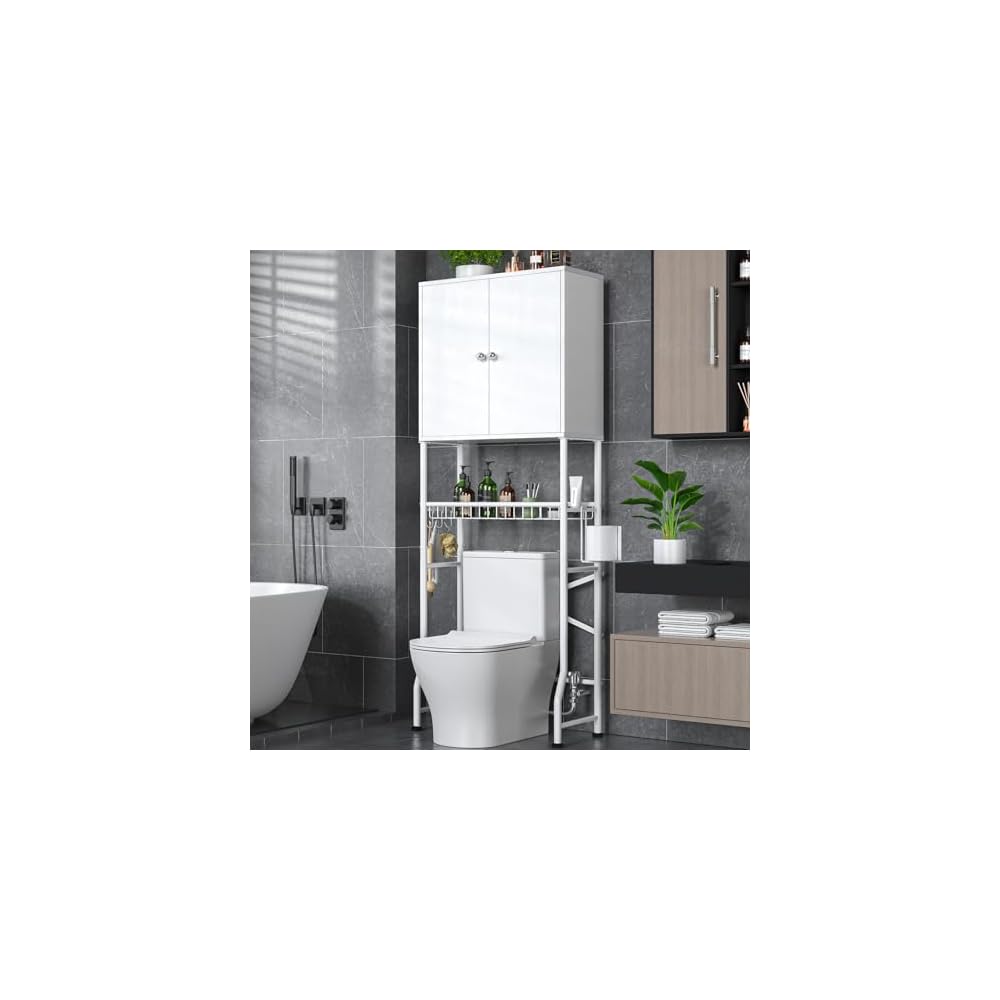 UTEX Over The Toilet Storage Cabinet, White Bathroom Organizer with Doors
