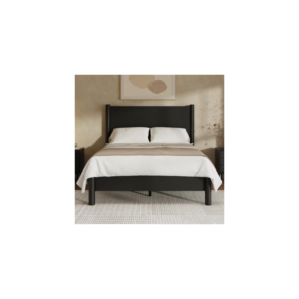 Full Size Platform Bed Frame with Wood Headboard, Black