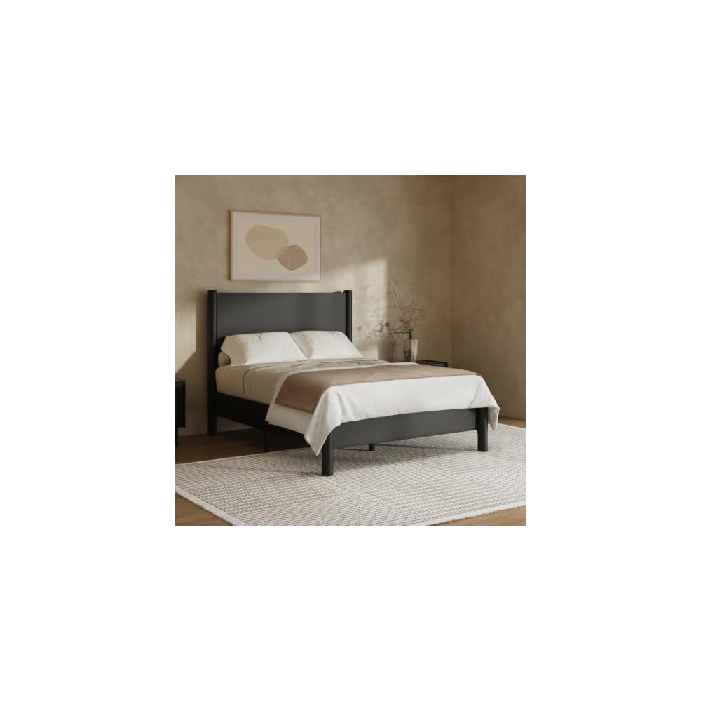 Full Size Platform Bed Frame with Wood Headboard, Black