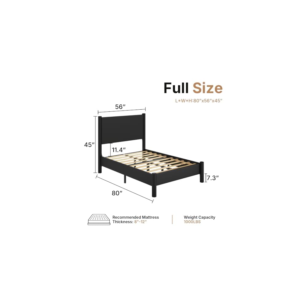 Full Size Platform Bed Frame with Wood Headboard, Black