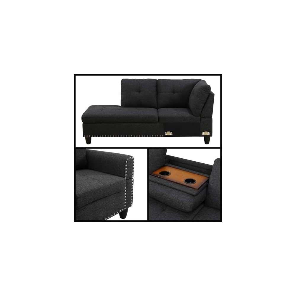L-Shaped Sectional Sofa with Movable Chaise & Storage Ottoman, Lounge 3-Piece Modular Convertible Couches for Living Room, Apartment & Office, Black Grey