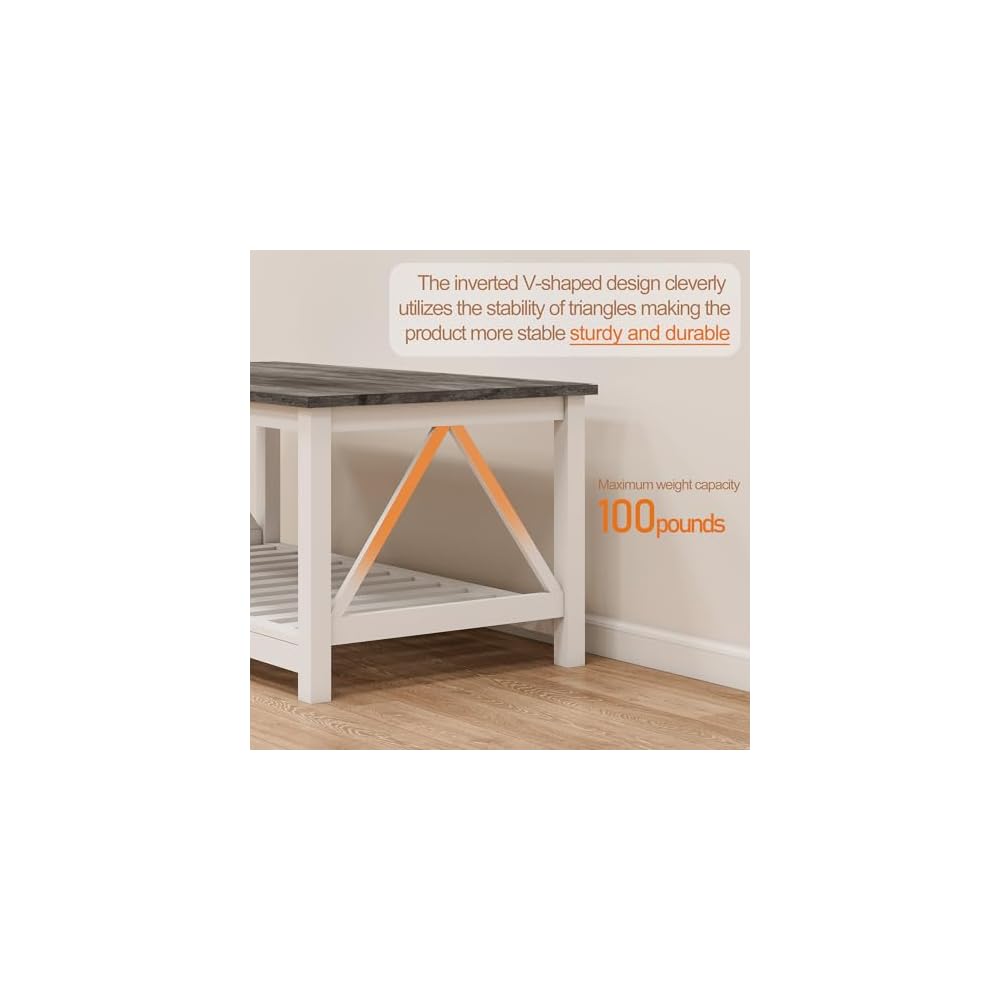 2-Piece Farmhouse Coffee Table and End Table Set, Oak Grey, Slats Storage