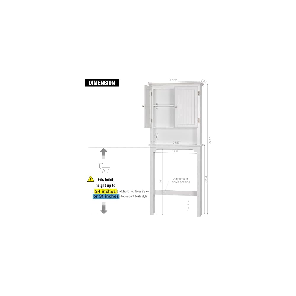 UTEX Over The Toilet Storage Cabinet, White Bathroom Organizer with Doors