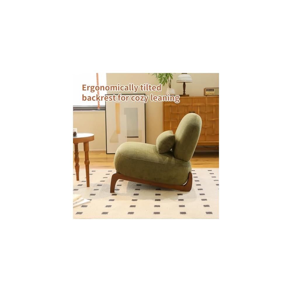 Cute Accent Chair with Solid Wood Legs, Velvet Living Room Chair with Soft Cushion, Cozy Bedroom Chair, Comfy Armless Reading Chair for Apartment, Waiting Room, Balcony (Green)