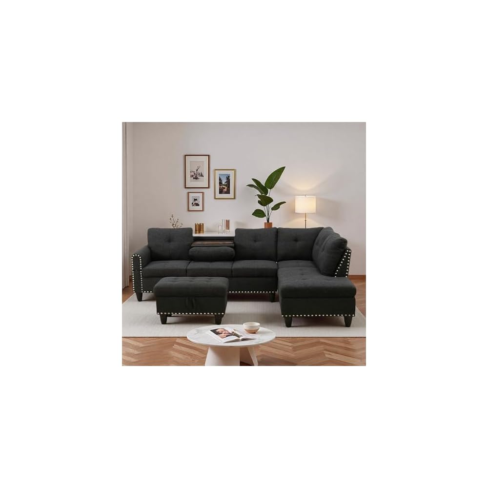 L-Shaped Sectional Sofa with Movable Chaise & Storage Ottoman, Lounge 3-Piece Modular Convertible Couches for Living Room, Apartment & Office, Black Grey