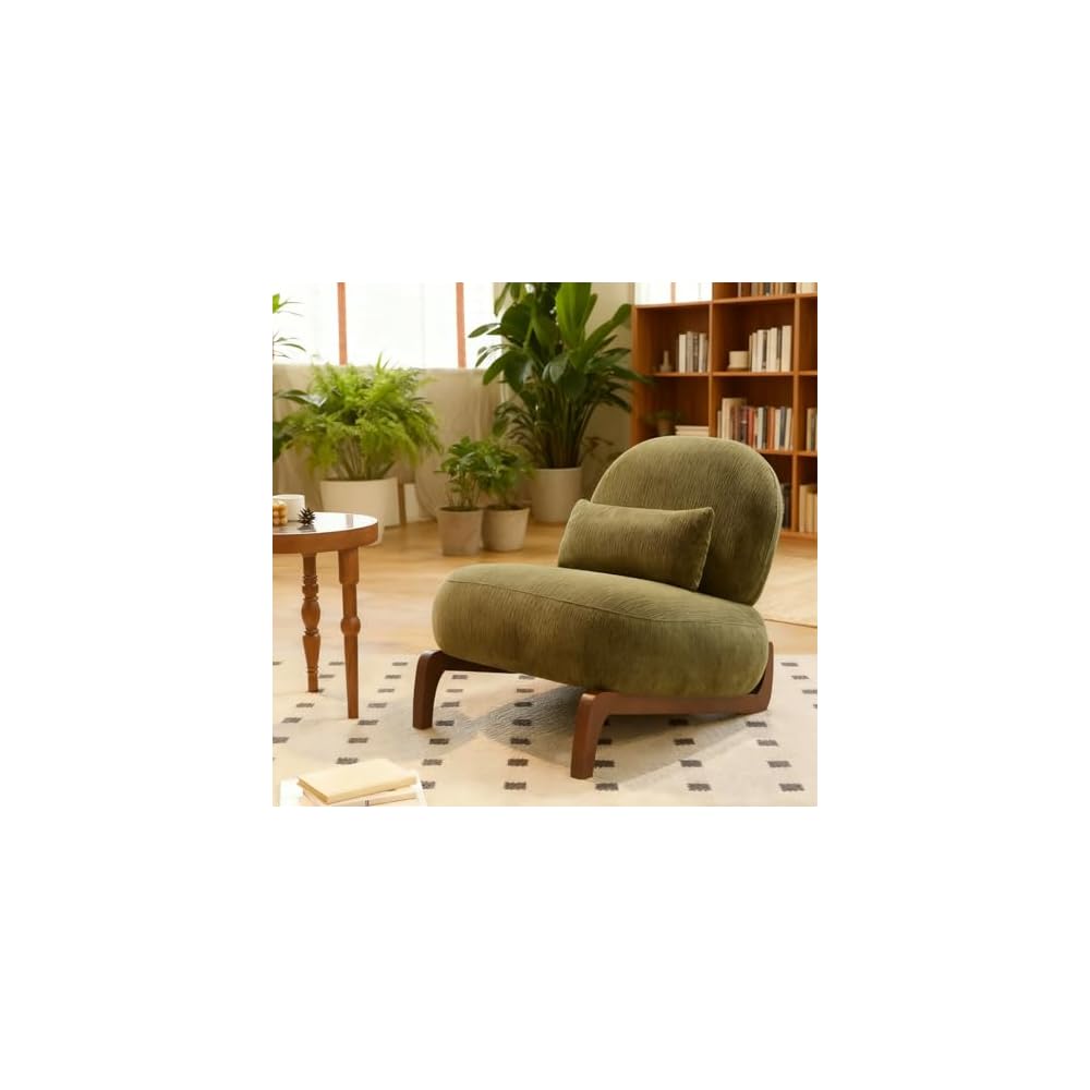 Cute Accent Chair with Solid Wood Legs, Velvet Living Room Chair with Soft Cushion, Cozy Bedroom Chair, Comfy Armless Reading Chair for Apartment, Waiting Room, Balcony (Green)