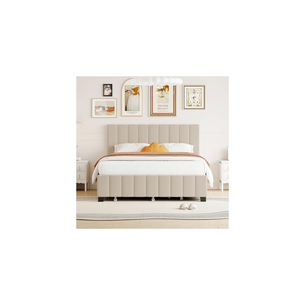 Bellemave Queen Bed Frame with Trundle Bed,Velvet Upholstered Platform Bed Frame with Storage Drawers,Queen Size Trundle Bed with Headboard for Kids Teens Adults,Beige