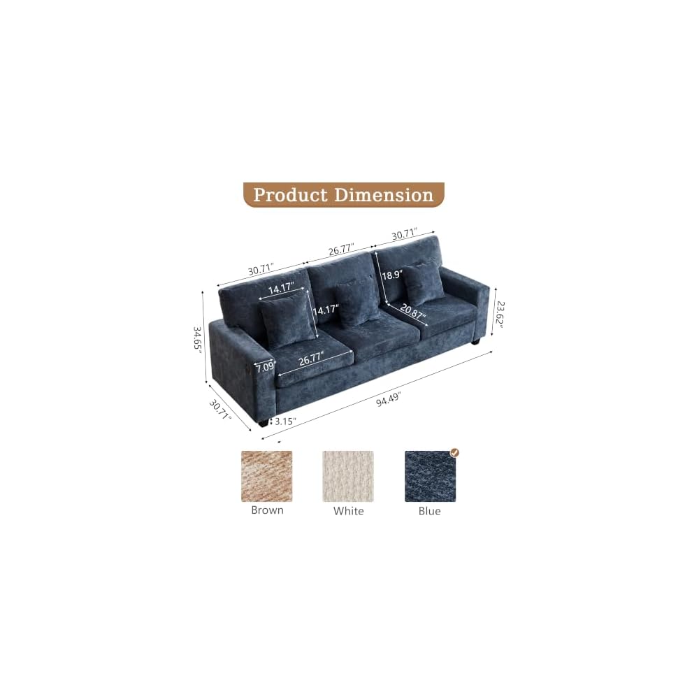 Modern 3 Seater Sofa, 94 Inch Chenille Couch with Charging Ports, Deep Seat Comfy Sofa for Living Room, Bedroom, Blue