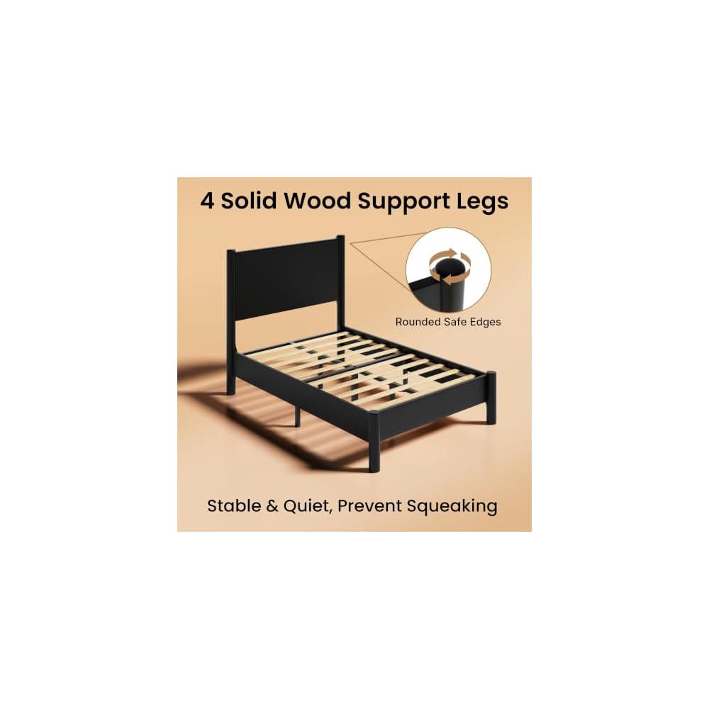 Full Size Platform Bed Frame with Wood Headboard, Black