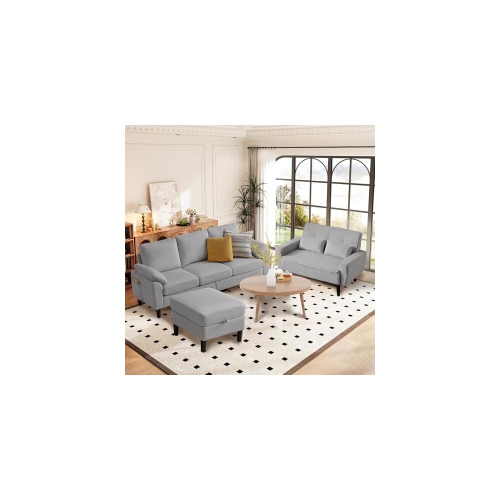 3 PCS Sectional Sofa Set, 3 Seat L-Shaped Couch & Loveseat with Storage Ottoman, Removable Cushions and Covers, Modern Couches for Living Room Furniture, Corduroy Light Grey