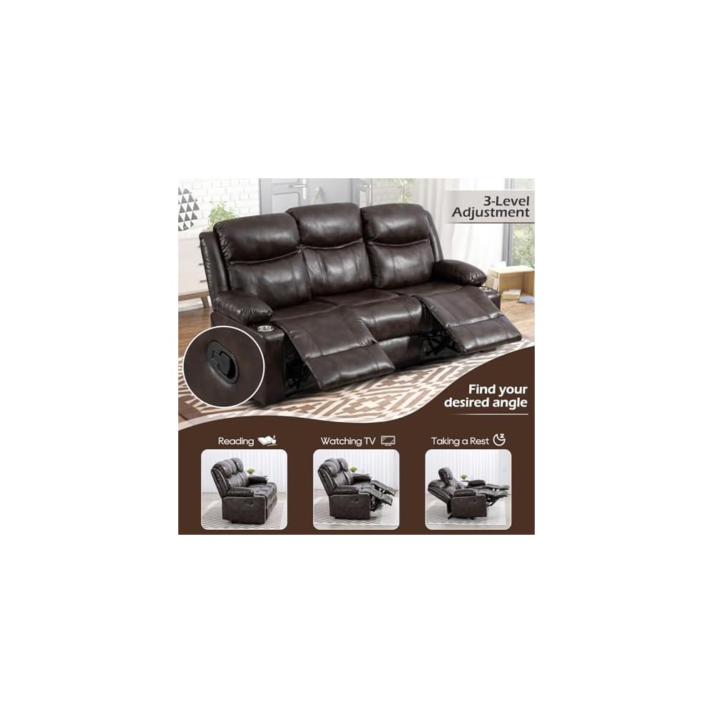 Reclining Sofa - 3 Seater Manual Recliner with Massage and Heat, Cup Holders, Loveseat Recliner Couch for Living Room(Brown)