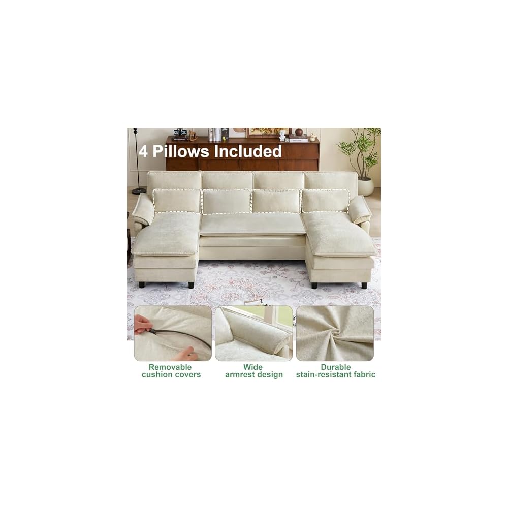104" Cloud Couch Sectional, U Shaped Sectional Sofa, 4-Seat Deep Seat Couch with 4 Pillows for Living Room, Bedroom, Apartment, Beige | Comfy Chenille