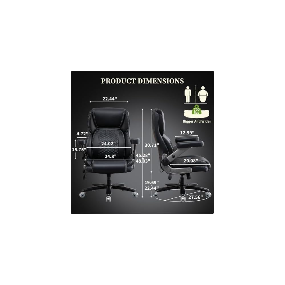 700lbs Big and Tall Office Chair for Heavy People with 5D Flip Armrests Heavy Duty Executive Chair with Adjustable Lumbar Support, Metal Base, Rubber Caster Wheels, Wide Seat for Sitting All Day