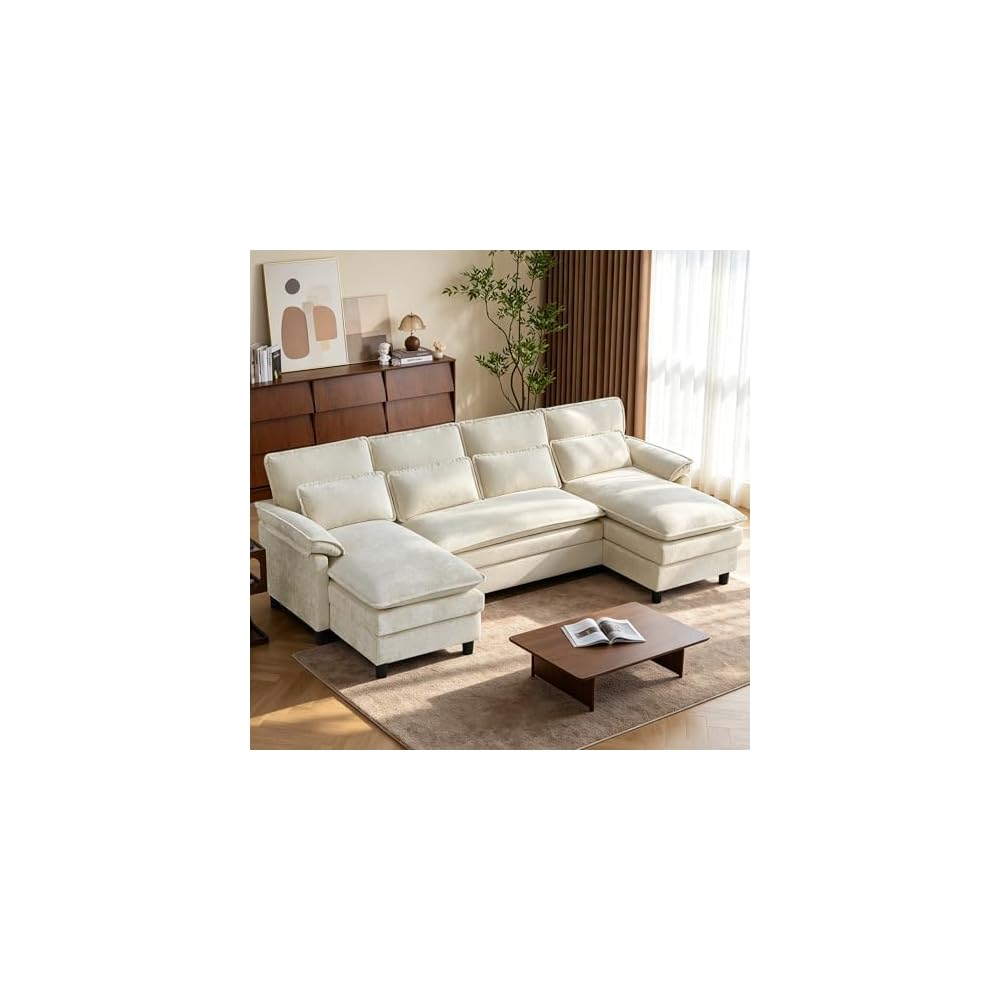 104" Cloud Couch Sectional, U Shaped Sectional Sofa, 4-Seat Deep Seat Couch with 4 Pillows for Living Room, Bedroom, Apartment, Beige | Comfy Chenille