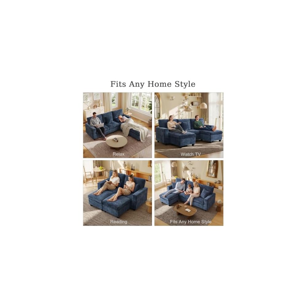 Modern 3 Seater Sofa, 94 Inch Chenille Couch with Charging Ports, Deep Seat Comfy Sofa for Living Room, Bedroom, Blue