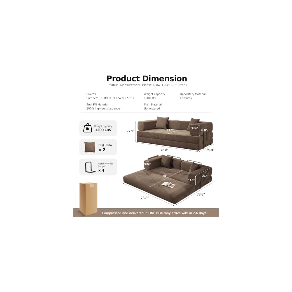 79" Convertible Futon Sofa Bed, Boneless Floor Couch for Living Room