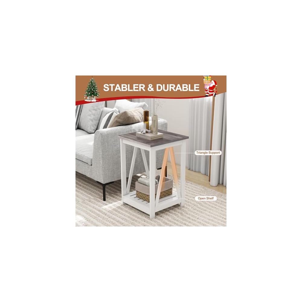 2-Piece Farmhouse Coffee Table and End Table Set, Oak Grey, Slats Storage