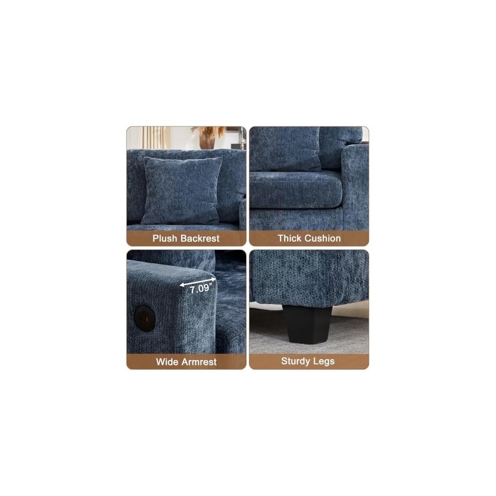 Modern 3 Seater Sofa, 94 Inch Chenille Couch with Charging Ports, Deep Seat Comfy Sofa for Living Room, Bedroom, Blue