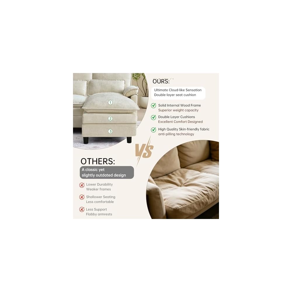 104" Cloud Couch Sectional, U Shaped Sectional Sofa, 4-Seat Deep Seat Couch with 4 Pillows for Living Room, Bedroom, Apartment, Beige | Comfy Chenille