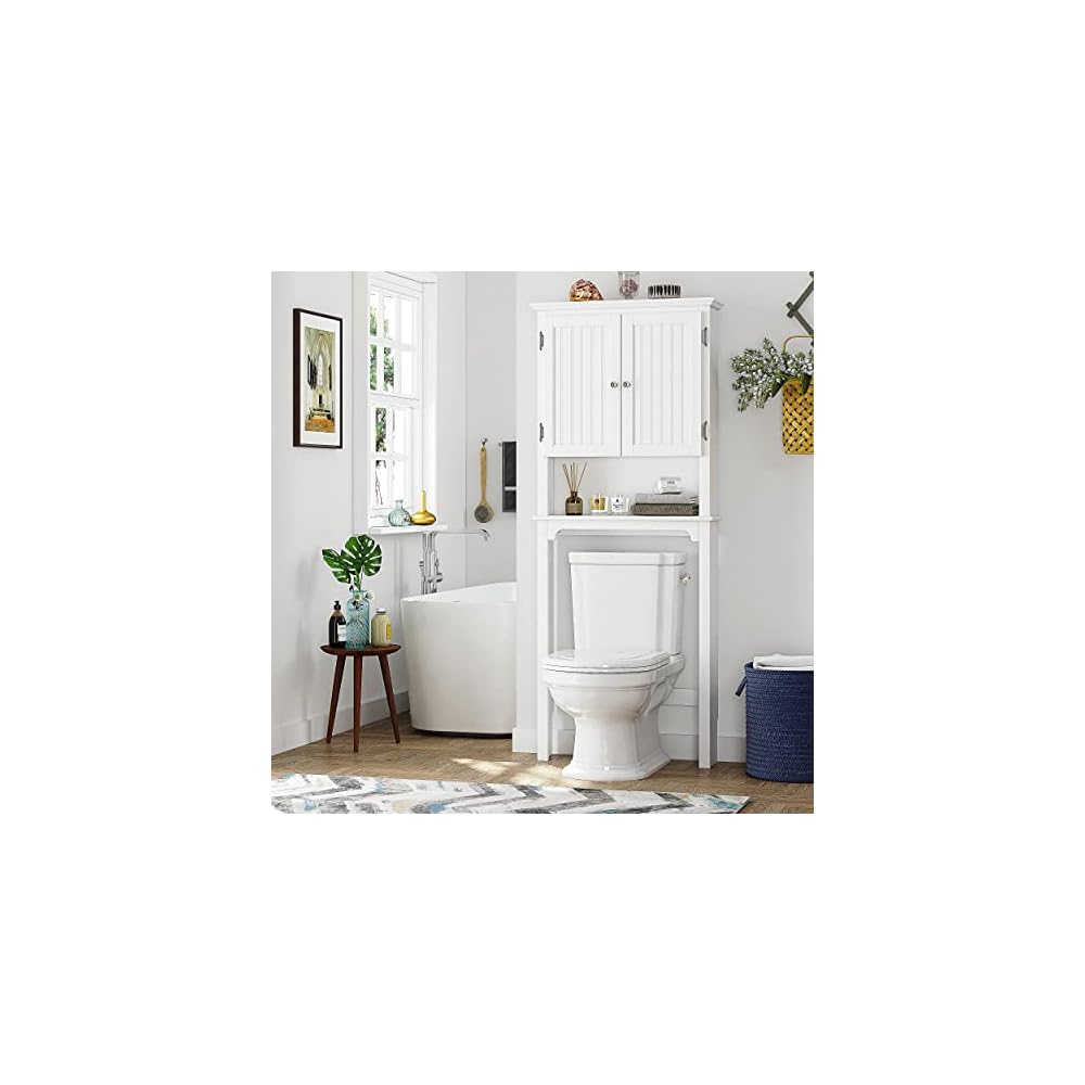 UTEX Over The Toilet Storage Cabinet, White Bathroom Organizer with Doors