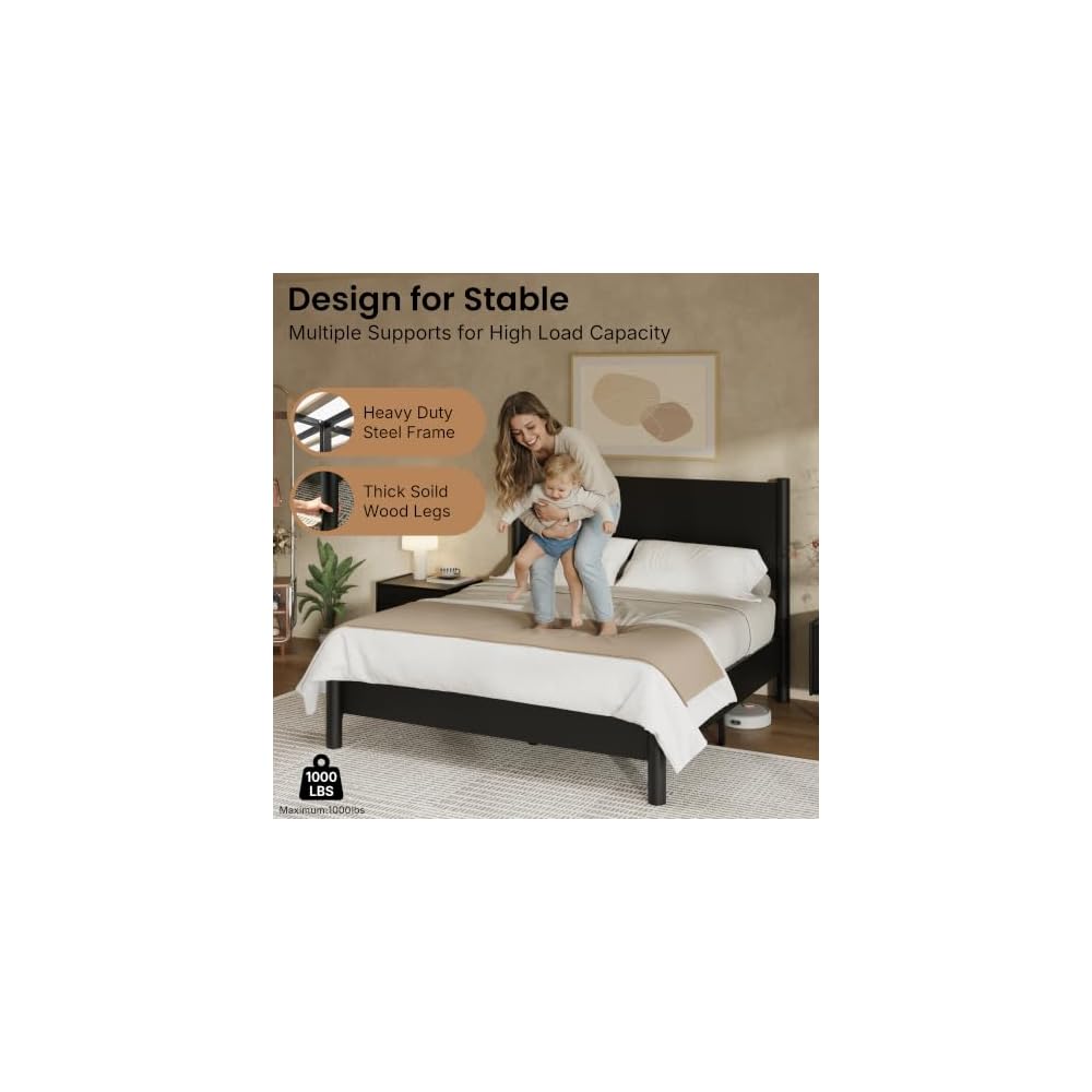 Full Size Platform Bed Frame with Wood Headboard, Black