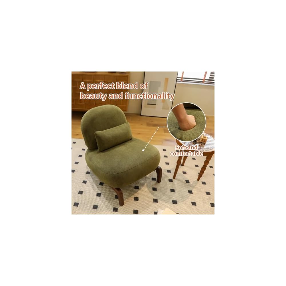 Cute Accent Chair with Solid Wood Legs, Velvet Living Room Chair with Soft Cushion, Cozy Bedroom Chair, Comfy Armless Reading Chair for Apartment, Waiting Room, Balcony (Green)