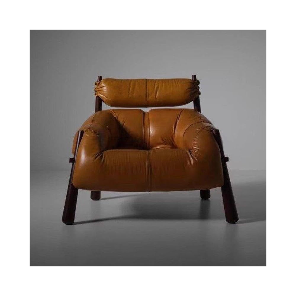 Vintage Leather Accent Lounge Chair with Solid Wood Frame, Mid Century Modern Armchair with Cushioned Backrest, Premium Single Sofa Chair for Living Room, Office & Reading Space (Brown)