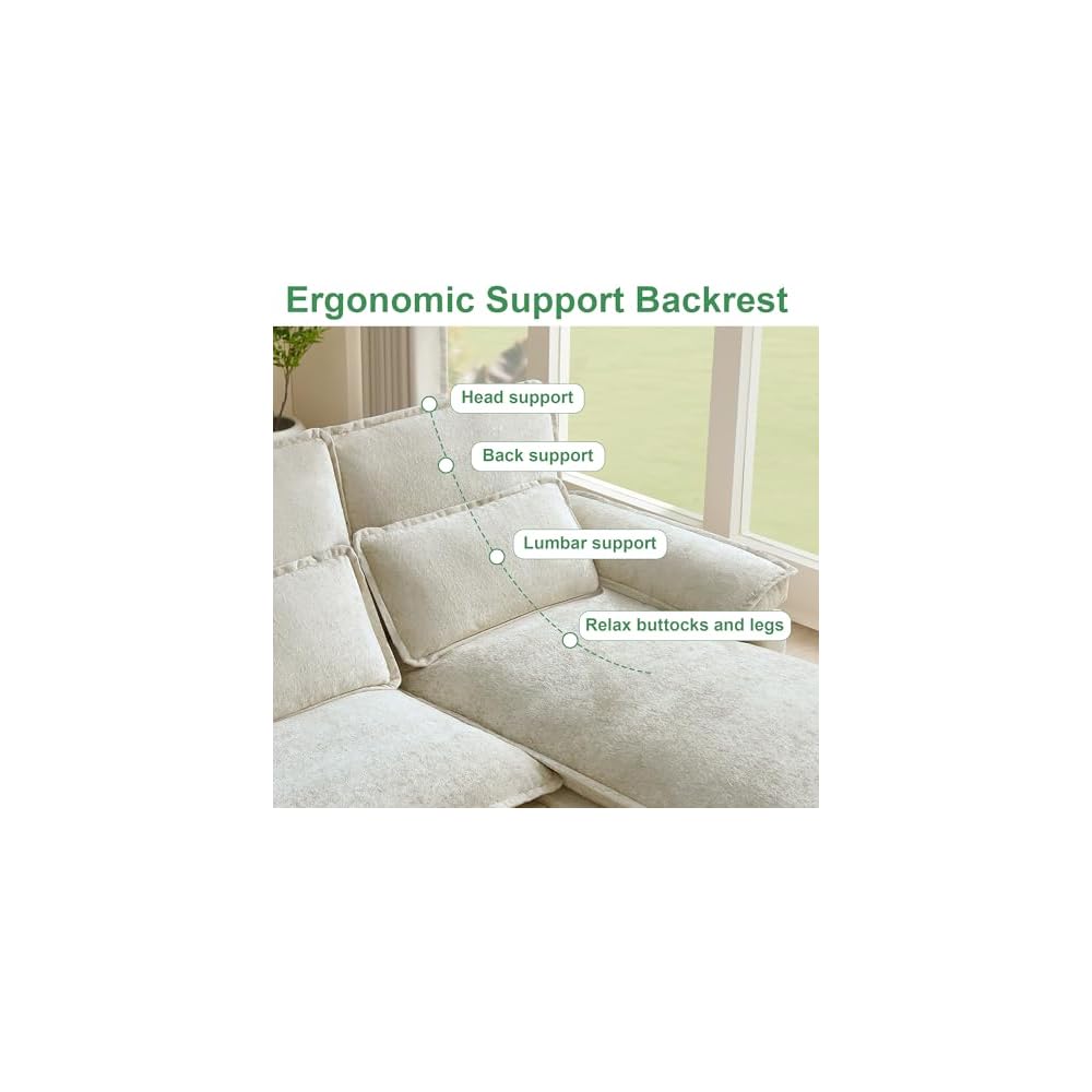 104" Cloud Couch Sectional, U Shaped Sectional Sofa, 4-Seat Deep Seat Couch with 4 Pillows for Living Room, Bedroom, Apartment, Beige | Comfy Chenille