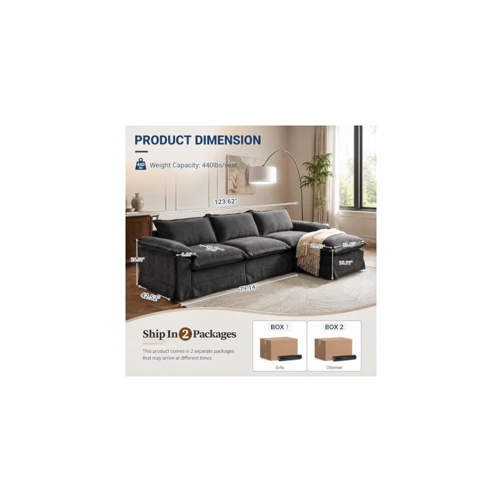 YDN 123" Modular Boneless Couch, L Shaped Couch for Living Room