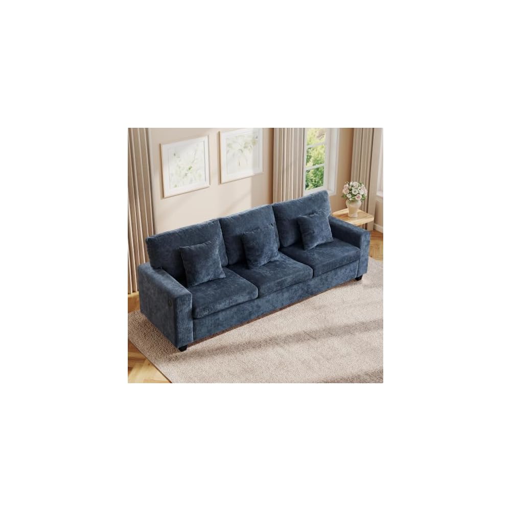 Modern 3 Seater Sofa, 94 Inch Chenille Couch with Charging Ports, Deep Seat Comfy Sofa for Living Room, Bedroom, Blue