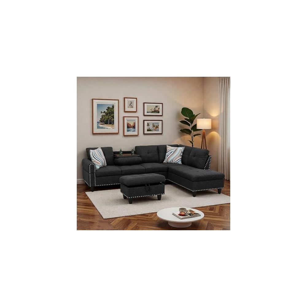 L-Shaped Sectional Sofa with Movable Chaise & Storage Ottoman, Lounge 3-Piece Modular Convertible Couches for Living Room, Apartment & Office, Black Grey