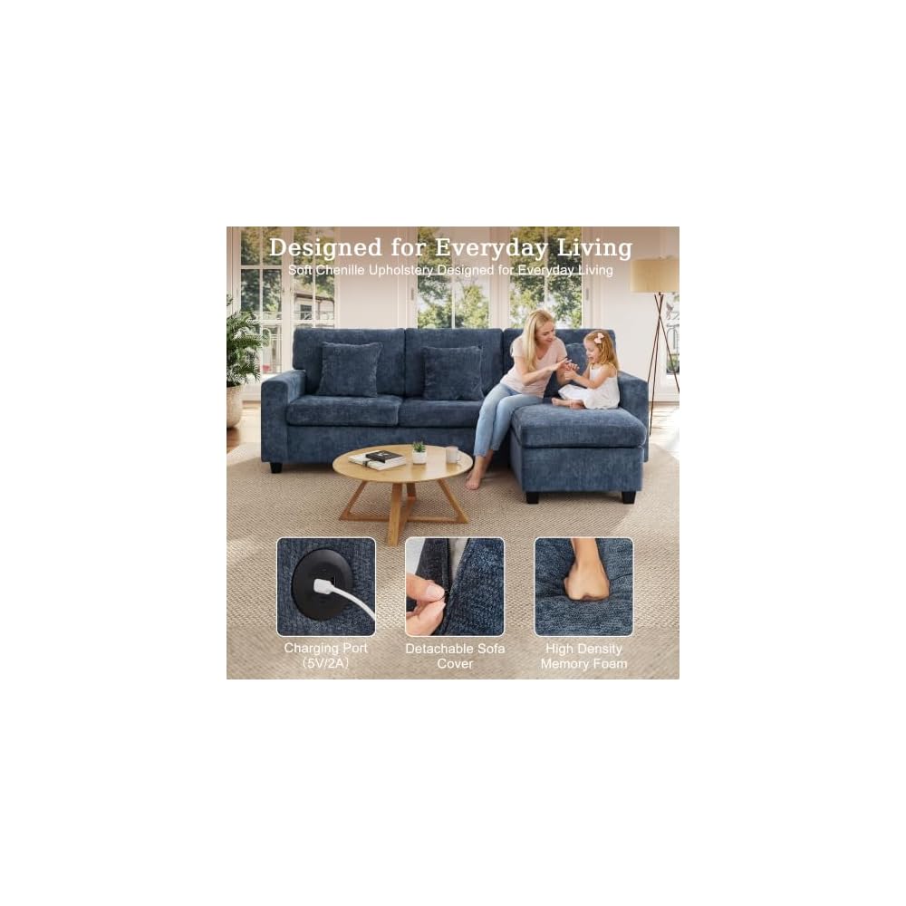 Modern 3 Seater Sofa, 94 Inch Chenille Couch with Charging Ports, Deep Seat Comfy Sofa for Living Room, Bedroom, Blue