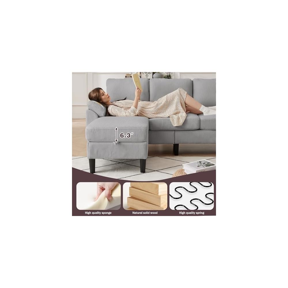 3 PCS Sectional Sofa Set, 3 Seat L-Shaped Couch & Loveseat with Storage Ottoman, Removable Cushions and Covers, Modern Couches for Living Room Furniture, Corduroy Light Grey