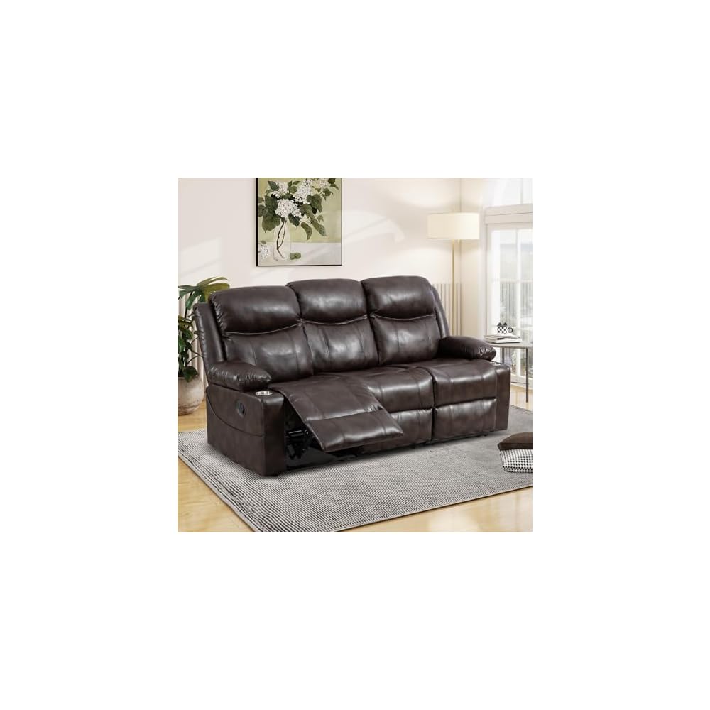 Reclining Sofa - 3 Seater Manual Recliner with Massage and Heat, Cup Holders, Loveseat Recliner Couch for Living Room(Brown)