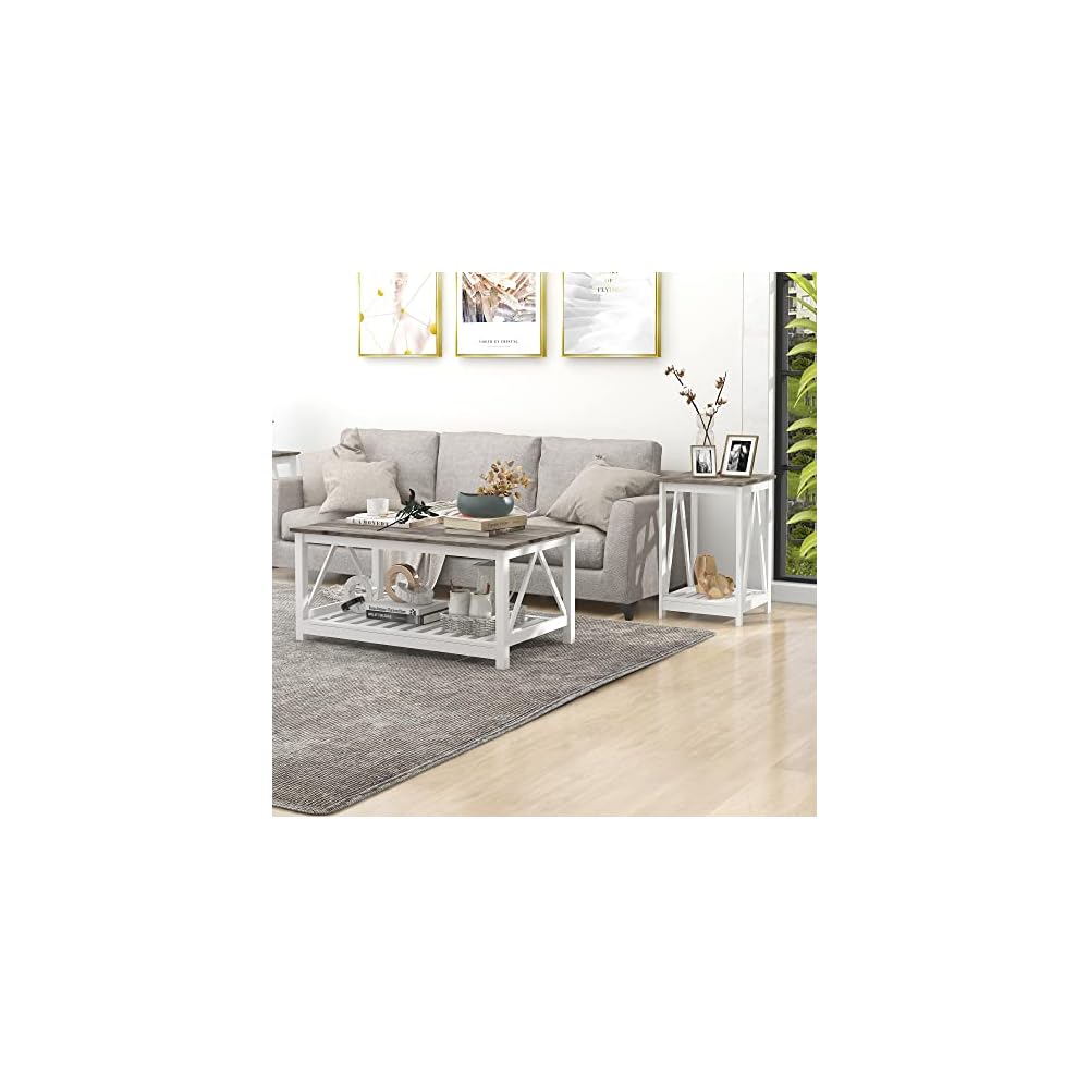 2-Piece Farmhouse Coffee Table and End Table Set, Oak Grey, Slats Storage