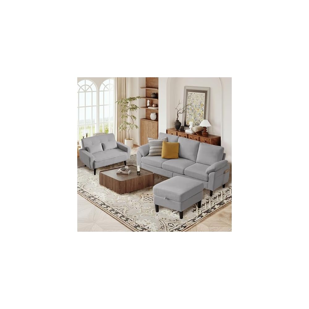 3 PCS Sectional Sofa Set, 3 Seat L-Shaped Couch & Loveseat with Storage Ottoman, Removable Cushions and Covers, Modern Couches for Living Room Furniture, Corduroy Light Grey